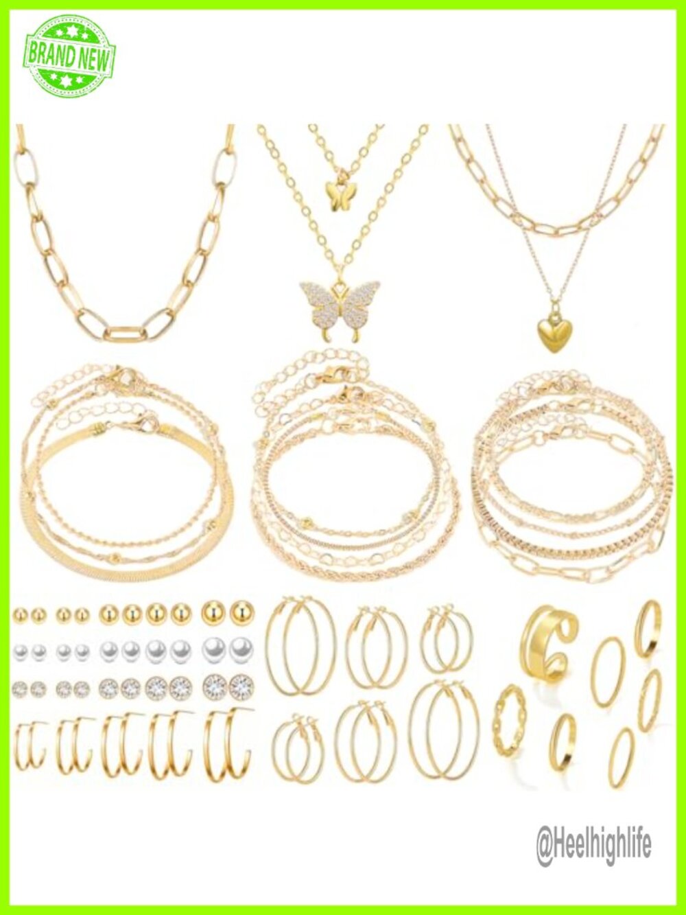 47pc Gold Alloy Jewelry Set Necklaces Bracelets Earrings Rings Adjustable Gift